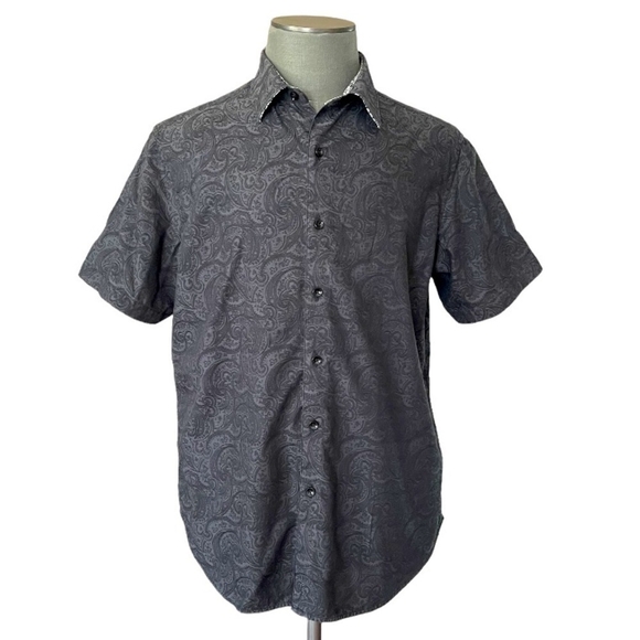 ROBERT GRAHAM Gray Cotton Short Sleeve Button Front Classic Fit Men Dress Shirt